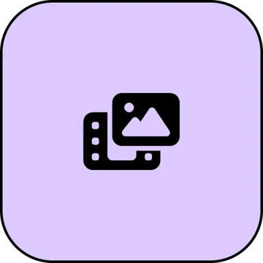 Media Committee icon. Black silhouette of an image and video on a lilac background.
