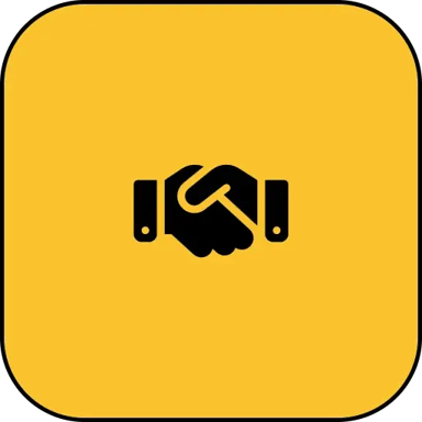 Political Committee icon. Black silhouette of a handshake on a buttercup yellow background.