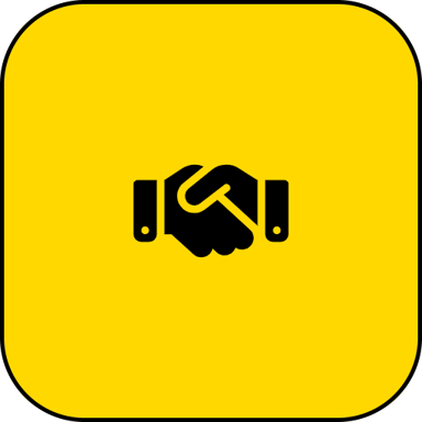 Political Committee icon. Black handshake silhouette on strong yellow background.