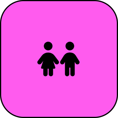 Youth Committee icon. Black silhouette of a pair of children on pink background.