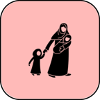 SPECCOM on Female Refugees icon. Black silhouette of a woman and two children on a salmon pink background. SPECCOM on Female Refugees icon. Black silhouette of a woman and two children on a salmon pink background.